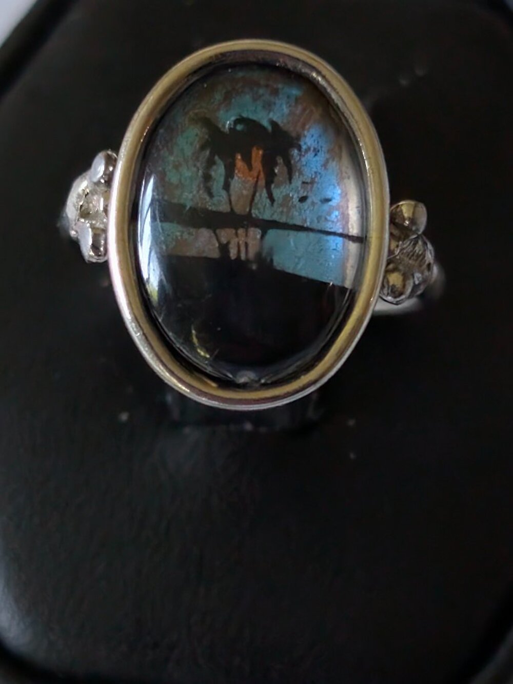 Antique Butterfly Wing Beach Scene Sterling Silver Ring - Size 4